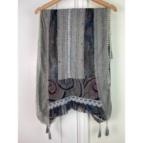 Manyus Gray Embellished Silver Studded Boho Rectangular Scarf - Picture 8 of 8